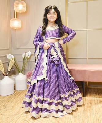 Purple Bandhej Scalup Lehenga Choli And Dupatta 1