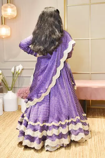 Purple Bandhej Scalup Lehenga Choli And Dupatta