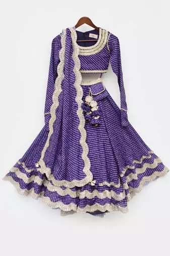 Purple Bandhej Scalup Lehenga Choli And Dupatta