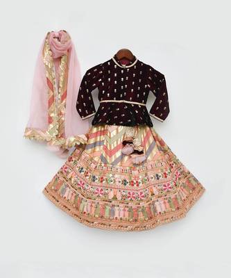 Maroon Velvet Peplum And Peach Embroidery Lehenga Dupatta 1