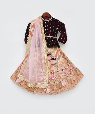 Maroon Velvet Peplum And Peach Embroidery Lehenga Dupatta 2