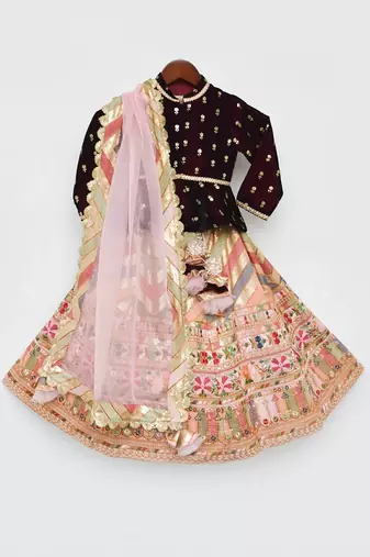 Maroon Velvet Peplum And Peach Embroidery Lehenga Dupatta