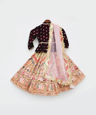 Maroon Velvet Peplum And Peach Embroidery Lehenga Dupatta 3