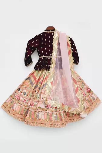 Maroon Velvet Peplum And Peach Embroidery Lehenga Dupatta