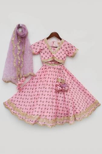 Pink Printed Lehenga Choli And Organza Dupatta