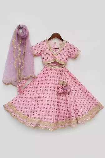 Pink Printed Lehenga Choli And Organza Dupatta