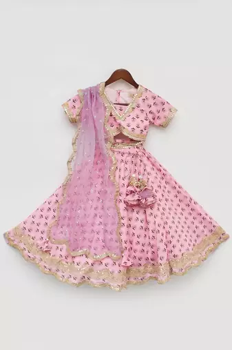 Pink Printed Lehenga Choli And Organza Dupatta