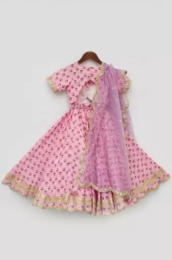 Pink Printed Lehenga Choli And Organza Dupatta