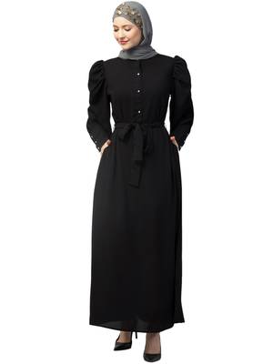 Nazneen front open till waist gathered puffed Sleeve long cuff  with belt Casual Abaya 1