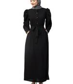Nazneen front open till waist gathered puffed Sleeve long cuff  with belt Casual Abaya