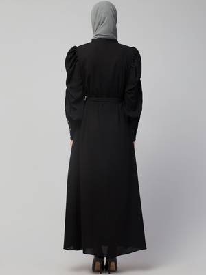 Nazneen front open till waist gathered puffed Sleeve long cuff  with belt Casual Abaya 2