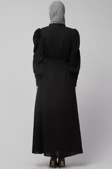 Nazneen front open till waist gathered puffed Sleeve long cuff  with belt Casual Abaya
