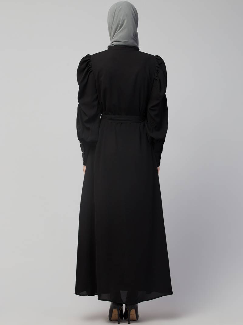 Nazneen front open till waist gathered puffed Sleeve long cuff  with belt Casual Abaya