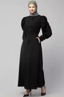 Nazneen front open till waist gathered puffed Sleeve long cuff  with belt Casual Abaya