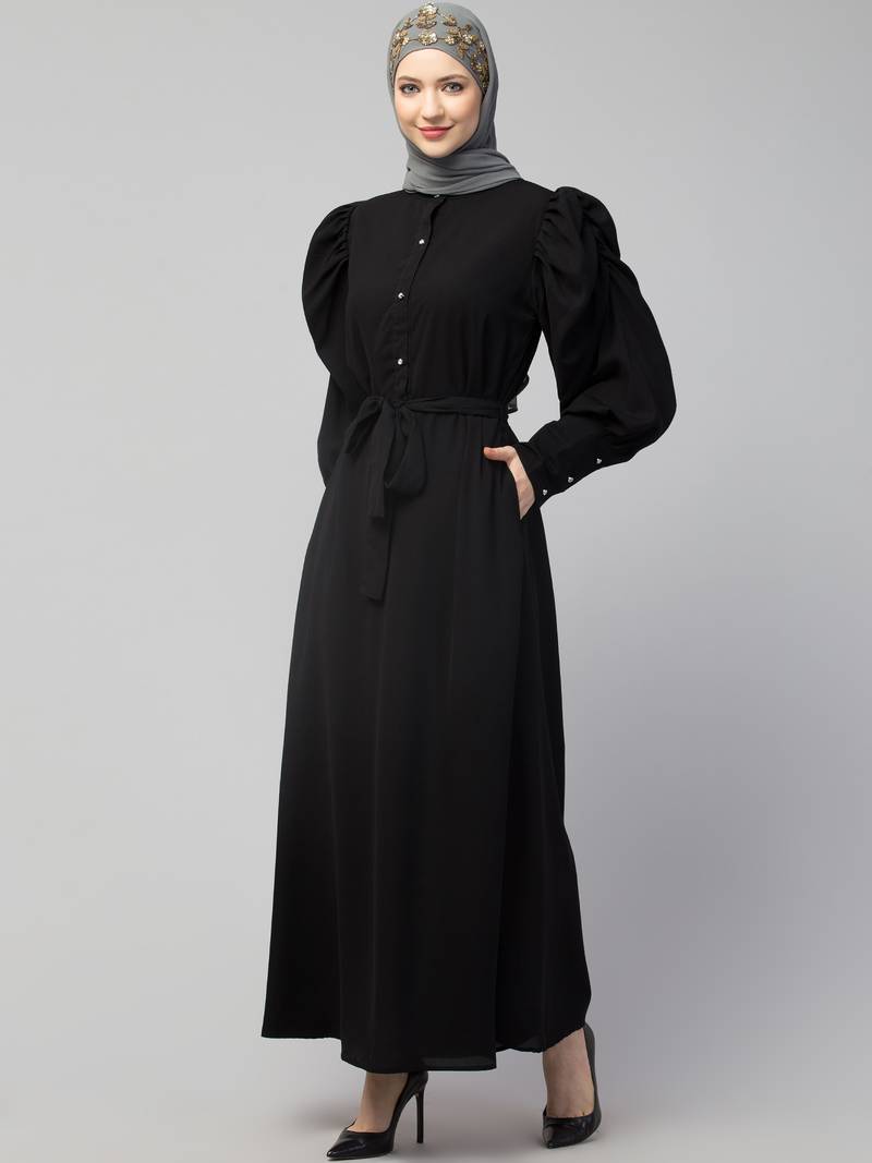Nazneen front open till waist gathered puffed Sleeve long cuff  with belt Casual Abaya