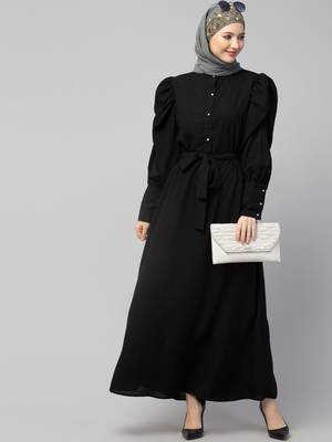 Nazneen front open till waist gathered puffed Sleeve long cuff  with belt Casual Abaya 4