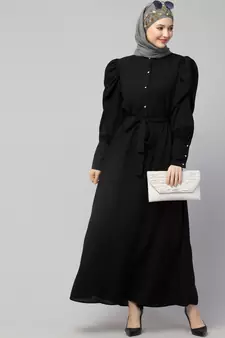 Nazneen front open till waist gathered puffed Sleeve long cuff  with belt Casual Abaya