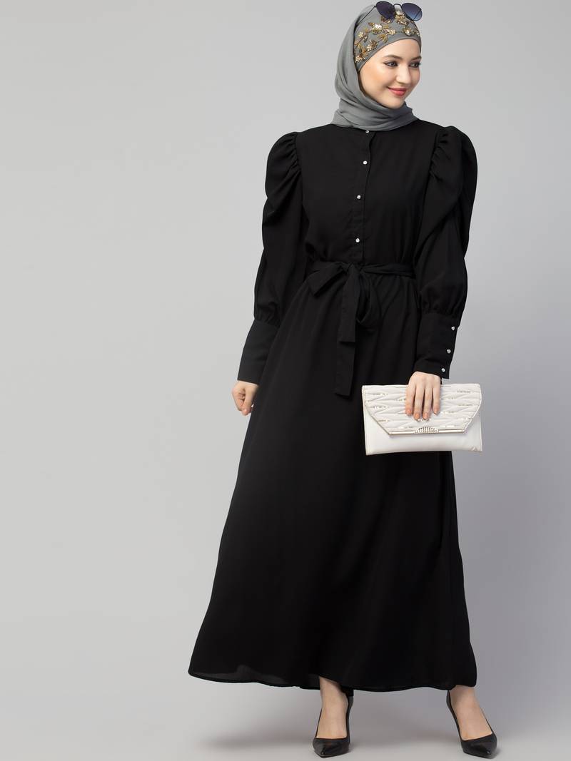 Nazneen front open till waist gathered puffed Sleeve long cuff  with belt Casual Abaya