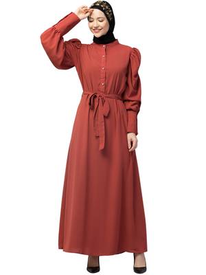 Nazneen front open till waist gathered puffed Sleeve long cuff  with belt Casual Abaya 1