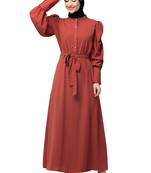 Nazneen front open till waist gathered puffed Sleeve long cuff  with belt Casual Abaya
