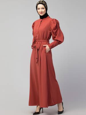 Nazneen front open till waist gathered puffed Sleeve long cuff  with belt Casual Abaya 2
