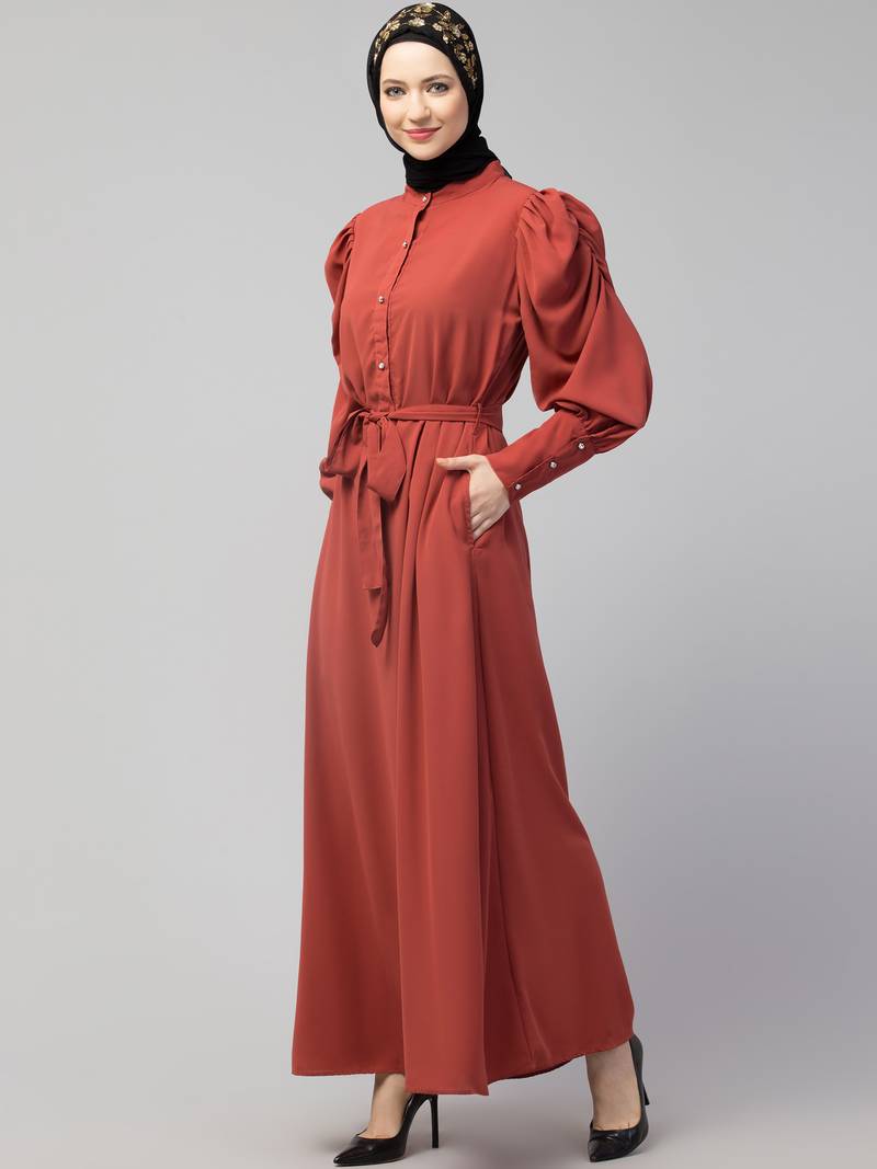 Nazneen front open till waist gathered puffed Sleeve long cuff  with belt Casual Abaya