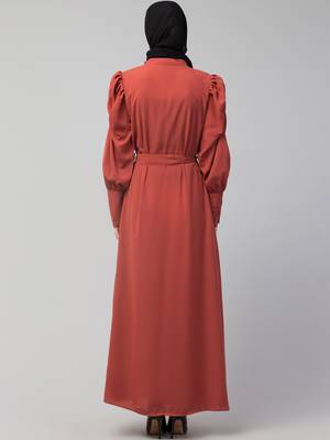 Nazneen front open till waist gathered puffed Sleeve long cuff  with belt Casual Abaya 3
