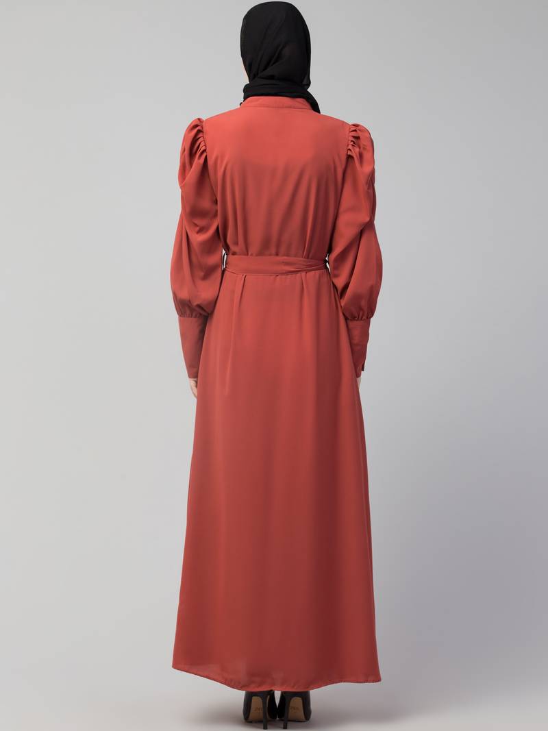Nazneen front open till waist gathered puffed Sleeve long cuff  with belt Casual Abaya