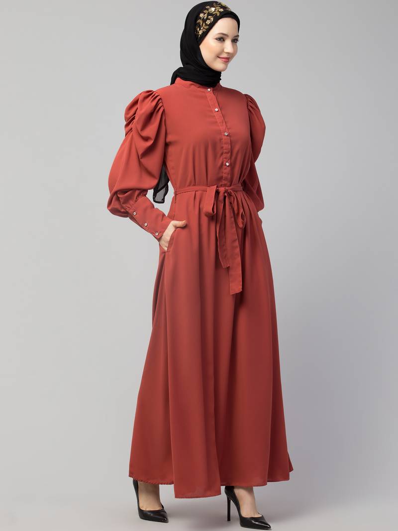 Nazneen front open till waist gathered puffed Sleeve long cuff  with belt Casual Abaya
