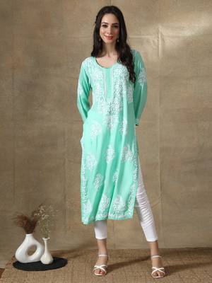 Green embroidered rayon chikankari-kurtis 1