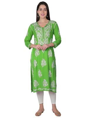 Green embroidered rayon chikankari-kurtis 1