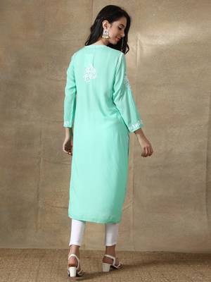 Green embroidered rayon chikankari-kurtis 2