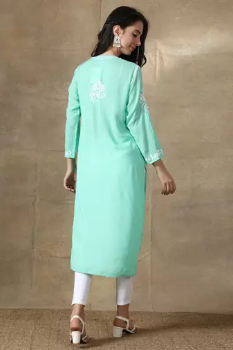Green embroidered rayon chikankari-kurtis