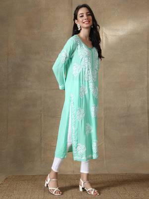 Green embroidered rayon chikankari-kurtis 3