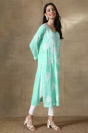 Green embroidered rayon chikankari-kurtis