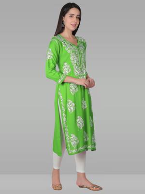 Green embroidered rayon chikankari-kurtis 3