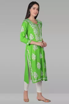 Green embroidered rayon chikankari-kurtis
