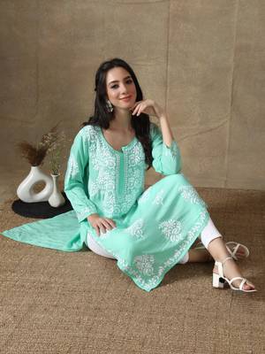 Green embroidered rayon chikankari-kurtis 4