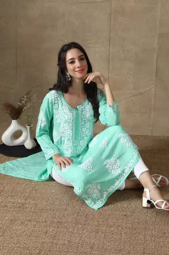 Green embroidered rayon chikankari-kurtis
