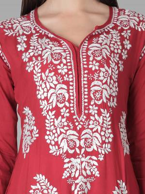 Red embroidered rayon chikankari-kurtis 2