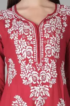 Red embroidered rayon chikankari-kurtis