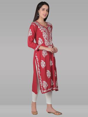 Red embroidered rayon chikankari-kurtis 3