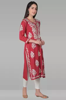 Red embroidered rayon chikankari-kurtis