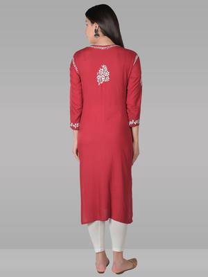 Red embroidered rayon chikankari-kurtis 4