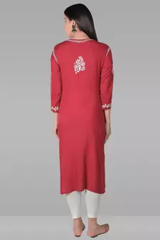 Red embroidered rayon chikankari-kurtis