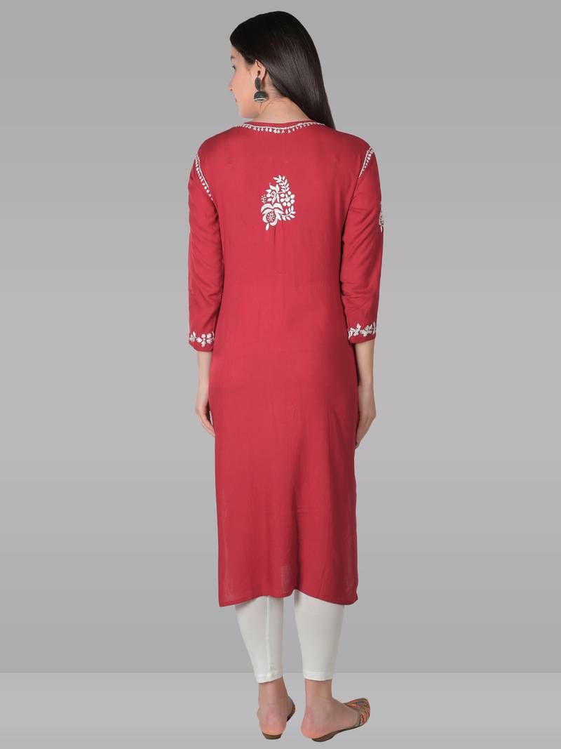 Red embroidered rayon chikankari-kurtis
