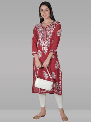 Red embroidered rayon chikankari-kurtis 1