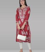Red embroidered rayon chikankari-kurtis
