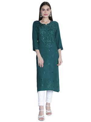 Green embroidered rayon chikankari-kurtis 1