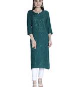 Green embroidered rayon chikankari-kurtis